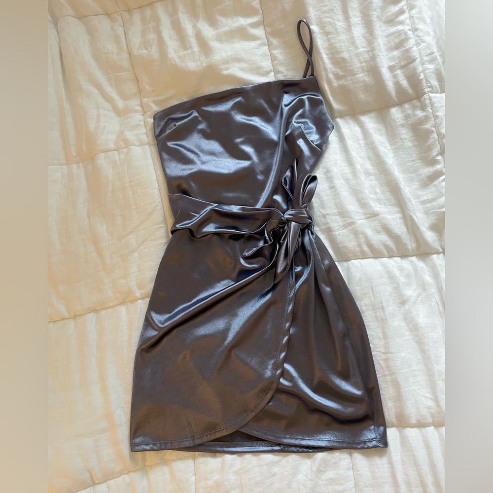 Windsor dusk colored mini dress, tie front, one shoulder